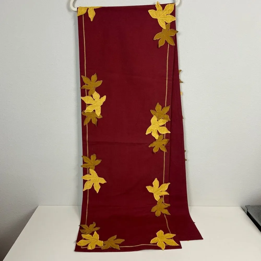 Williams Sonoma Maroon Autumn Leaves Appliqué Table Runner 16x89